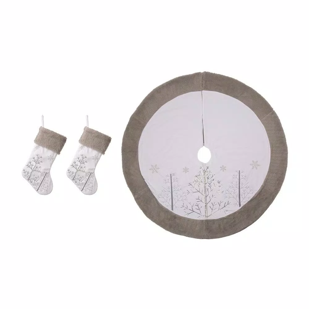 Glitzhome 48 In. Tree Skirt And 21 In. H Stocking (Set Of 3 White Fleece Christmas Decorations) 3 Glitzhome 48 In. Tree Skirt And 21 In. H Stocking (Set Of 3 White Fleece Christmas Decorations)