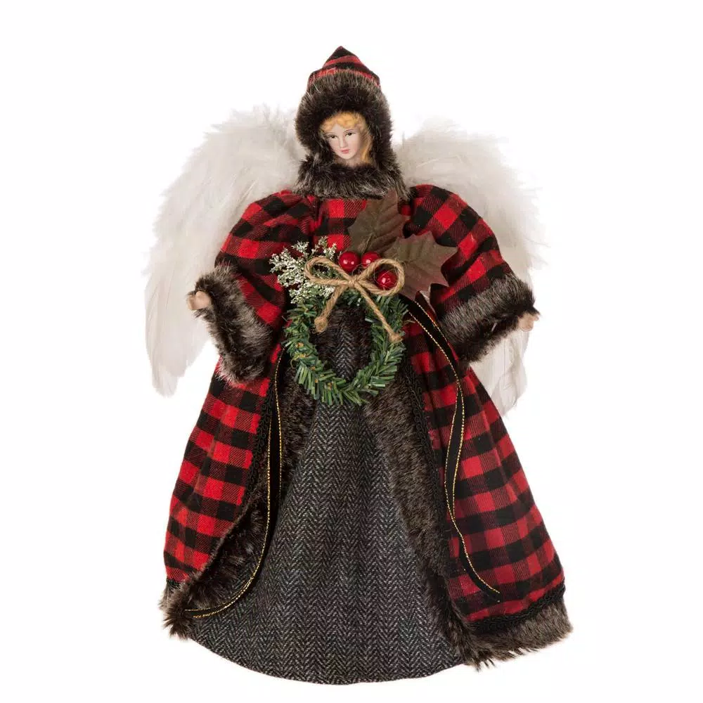 Glitzhome 12 In. H Plaid Angel Christmas Tree Topper Decoration 3 Glitzhome 12 In. H Plaid Angel Christmas Tree Topper Decoration