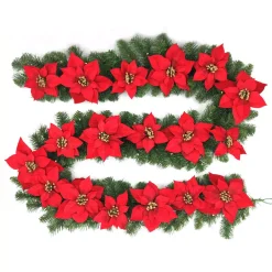 Home Accents Holiday 9 Ft. Berry Bliss Battery Operated Pre-Lit LED Artificial Christmas Garland With Poinsettia