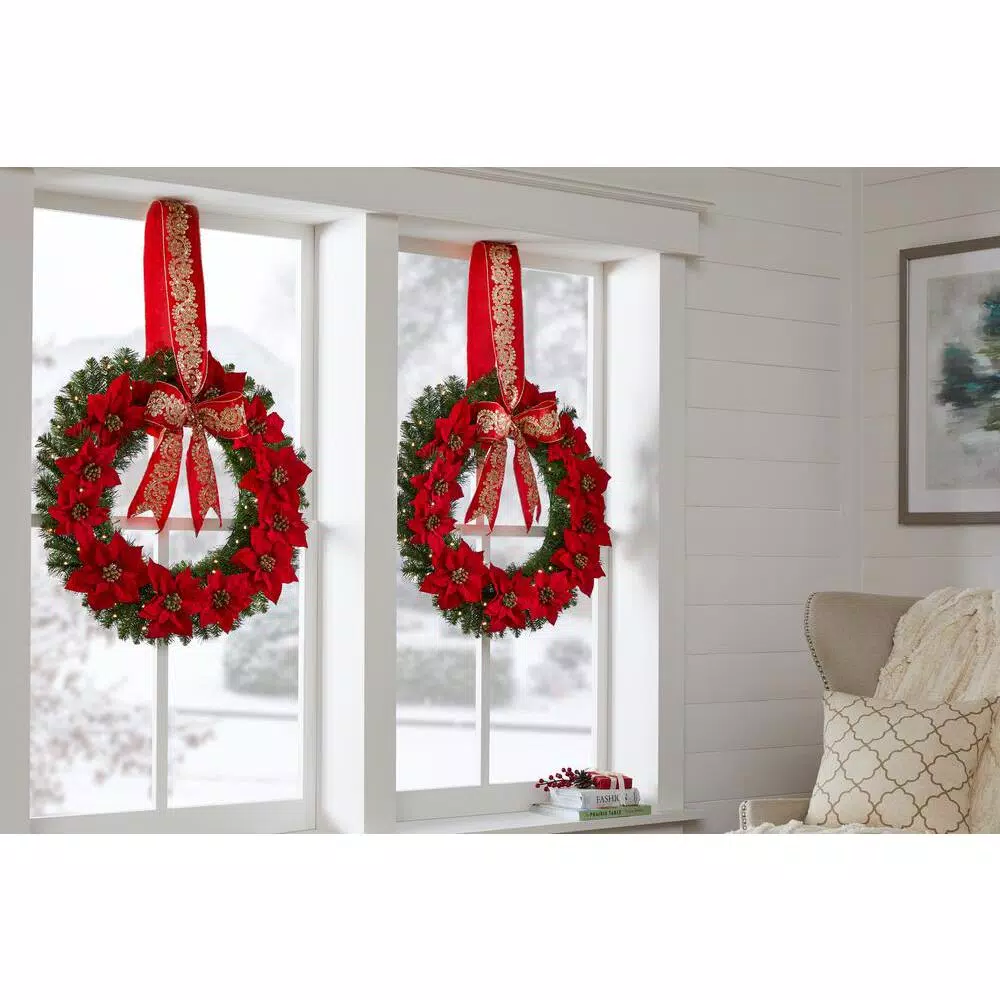 Home Accents Holiday 30 In. Berry Bliss Battery Operated Pre-Lit LED Artificial Christmas Wreath With Poinsettia 5 Home Accents Holiday 30 In. Berry Bliss Battery Operated Pre-Lit LED Artificial Christmas Wreath With Poinsettia - Image 3