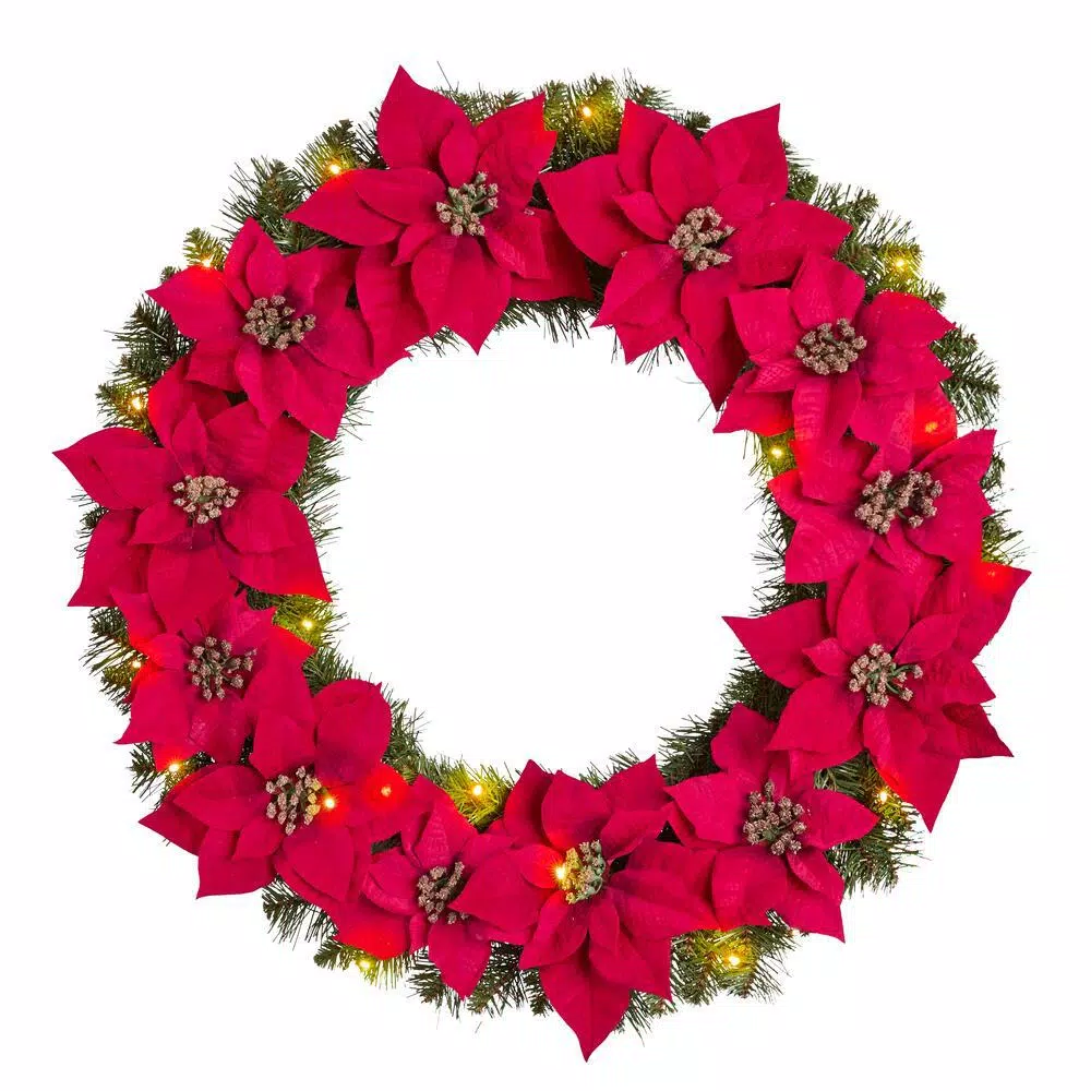 Home Accents Holiday 30 In. Berry Bliss Battery Operated Pre-Lit LED Artificial Christmas Wreath With Poinsettia 3 Home Accents Holiday 30 In. Berry Bliss Battery Operated Pre-Lit LED Artificial Christmas Wreath With Poinsettia