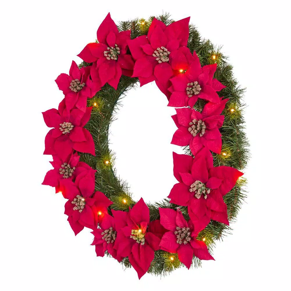 Home Accents Holiday 30 In. Berry Bliss Battery Operated Pre-Lit LED Artificial Christmas Wreath With Poinsettia 6 Home Accents Holiday 30 In. Berry Bliss Battery Operated Pre-Lit LED Artificial Christmas Wreath With Poinsettia - Image 4