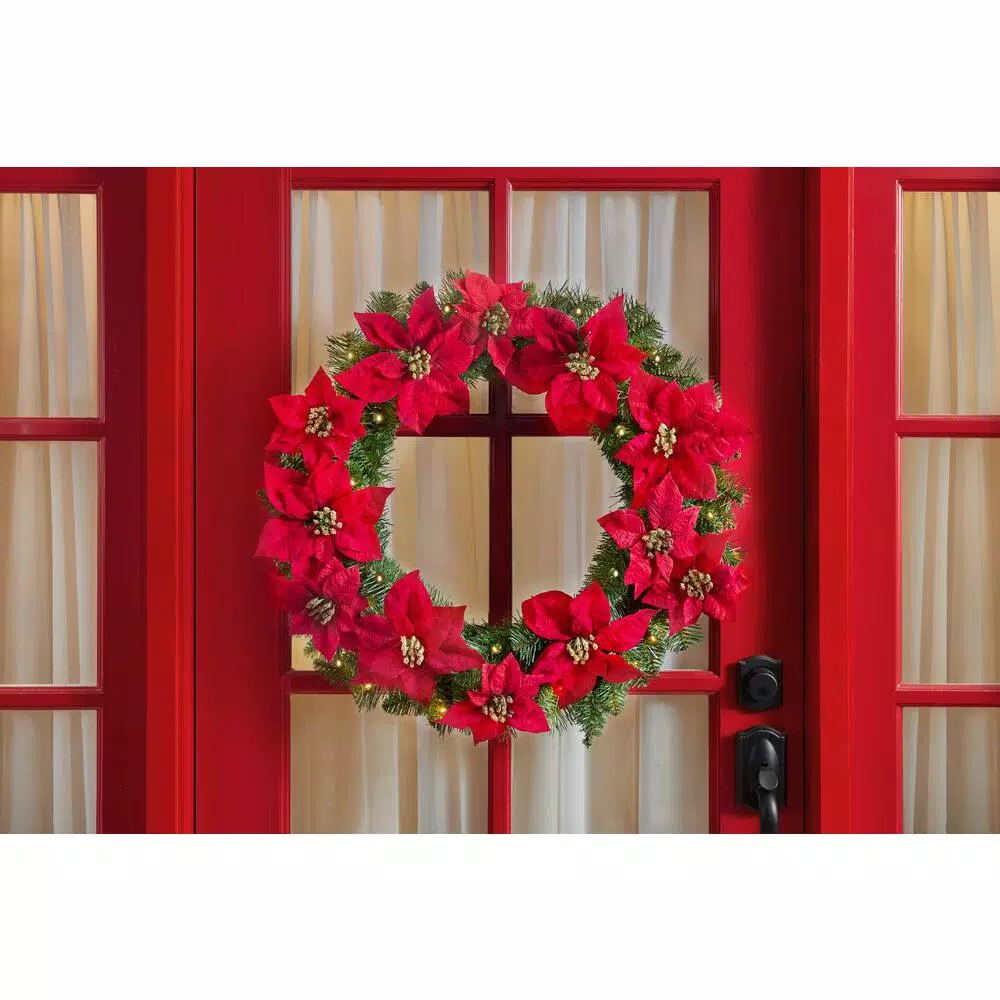 Home Accents Holiday 30 In. Berry Bliss Battery Operated Pre-Lit LED Artificial Christmas Wreath With Poinsettia 4 Home Accents Holiday 30 In. Berry Bliss Battery Operated Pre-Lit LED Artificial Christmas Wreath With Poinsettia - Image 2