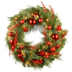 National Tree Company 30 In. Battery Operated Decorative Collection Christmas Red Mixed Wreath With Warm White LED Lights