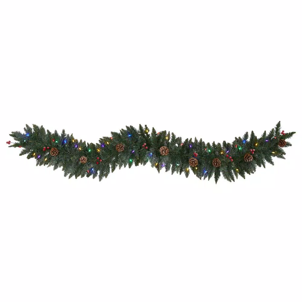 Nearly Natural 6 Ft. Pre-Lit Snow Dusted Artificial Christmas Garland With 50 Multi-Colored LED Lights, Berries And Pinecones 3 Nearly Natural 6 Ft. Pre-Lit Snow Dusted Artificial Christmas Garland With 50 Multi-Colored LED Lights, Berries And Pinecones