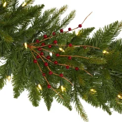 Nearly Natural 6 Ft. Pre-Lit Christmas Pine Artificial Garland With 50 Warm White LED Lights And Berries -Alpine Corporation Shop nearly natural christmas garland 4466 4f 1000
