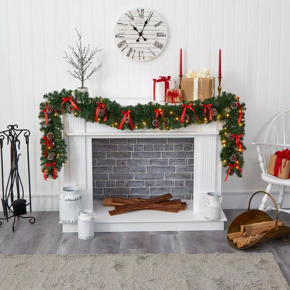 Nearly Natural 9 Ft. Battery Operated Pre-lit Bow And Pinecone Artificial Christmas Garland With 35 Clear LED Lights 7 Nearly Natural 9 Ft. Battery Operated Pre-lit Bow And Pinecone Artificial Christmas Garland With 35 Clear LED Lights - Image 5