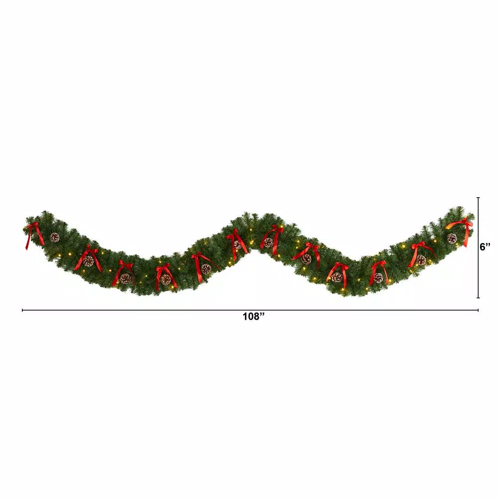 Nearly Natural 9 Ft. Battery Operated Pre-lit Bow And Pinecone Artificial Christmas Garland With 35 Clear LED Lights 4 Nearly Natural 9 Ft. Battery Operated Pre-lit Bow And Pinecone Artificial Christmas Garland With 35 Clear LED Lights - Image 2