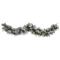 Nearly Natural 6 Ft. Battery Operated Pre-lit Flocked Mixed Pine Artificial Christmas Garland With 50 LED Lights, Pine Cones, Berries