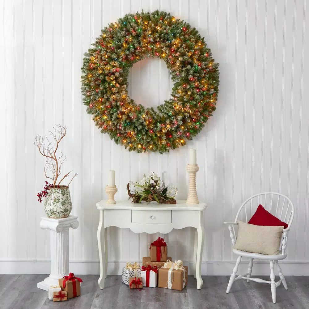 Nearly Natural 5 Ft. Pre-Lit Giant Flocked Artificial Christmas Wreath With 280 Multi-Colored Lights And Pine Cones 7 Nearly Natural 5 Ft. Pre-Lit Giant Flocked Artificial Christmas Wreath With 280 Multi-Colored Lights And Pine Cones - Image 5