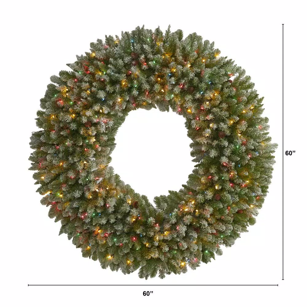 Nearly Natural 5 Ft. Pre-Lit Giant Flocked Artificial Christmas Wreath With 280 Multi-Colored Lights And Pine Cones 4 Nearly Natural 5 Ft. Pre-Lit Giant Flocked Artificial Christmas Wreath With 280 Multi-Colored Lights And Pine Cones - Image 2