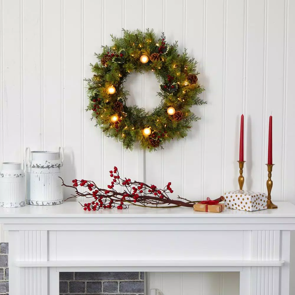 Nearly Natural 24 In. Pre-Lit Christmas Artificial Wreath With 50 White Warm Lights 7 Globe Bulbs Berries And Pine Cones 7 Nearly Natural 24 In. Pre-Lit Christmas Artificial Wreath With 50 White Warm Lights 7 Globe Bulbs Berries And Pine Cones - Image 5
