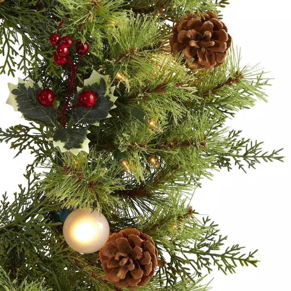Nearly Natural 24 In. Pre-Lit Christmas Artificial Wreath With 50 White Warm Lights 7 Globe Bulbs Berries And Pine Cones 5 Nearly Natural 24 In. Pre-Lit Christmas Artificial Wreath With 50 White Warm Lights 7 Globe Bulbs Berries And Pine Cones - Image 3