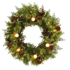 Nearly Natural 24 In. Pre-Lit Christmas Artificial Wreath With 50 White Warm Lights 7 Globe Bulbs Berries And Pine Cones