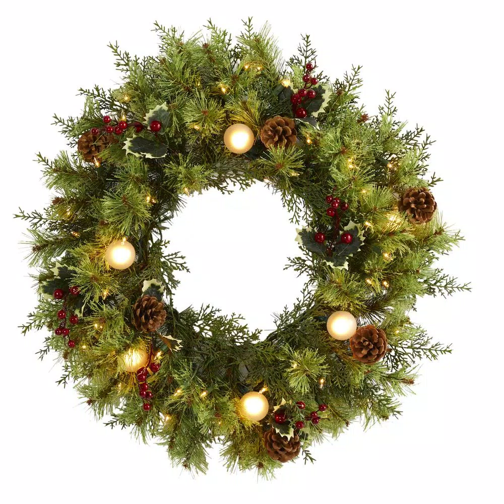 Nearly Natural 24 In. Pre-Lit Christmas Artificial Wreath With 50 White Warm Lights 7 Globe Bulbs Berries And Pine Cones 3 Nearly Natural 24 In. Pre-Lit Christmas Artificial Wreath With 50 White Warm Lights 7 Globe Bulbs Berries And Pine Cones