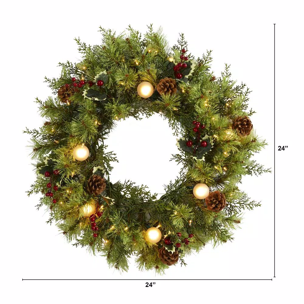Nearly Natural 24 In. Pre-Lit Christmas Artificial Wreath With 50 White Warm Lights 7 Globe Bulbs Berries And Pine Cones 4 Nearly Natural 24 In. Pre-Lit Christmas Artificial Wreath With 50 White Warm Lights 7 Globe Bulbs Berries And Pine Cones - Image 2