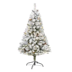 Nearly Natural 5 Ft. White Pre-Lit Flocked River Mountain Pine Artificial Christmas Tree With Pine Cones And 150 Clear LED Lights