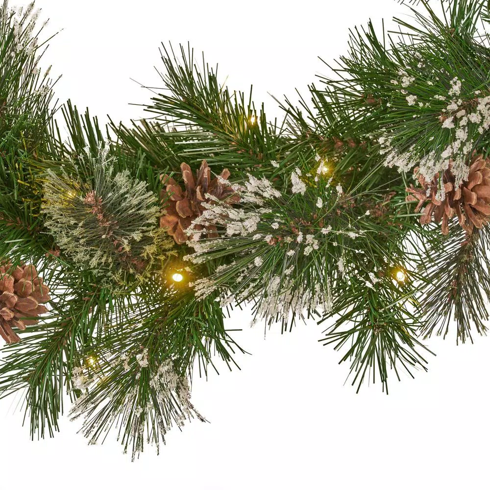 Noble House 9 Ft. Cashmere Pine Battery Operated Pre-Lit LED Artificial Christmas Garland With Snowy Branches And Pinecones 4 Noble House 9 Ft. Cashmere Pine Battery Operated Pre-Lit LED Artificial Christmas Garland With Snowy Branches And Pinecones - Image 2