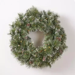 Noble House 24 In. Battery Operated Pre-Lit LED Artificial Christmas Wreath With Flocked Snow, Glitter Branches, And Pinecones