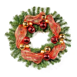 Noble House 24 In. Pre-Lit LED Artificial Christmas Wreath With Gold And Red Ornaments