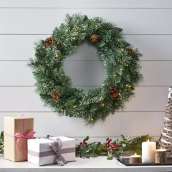 Noble House 24 In. Green Battery Operated Pre-Lit Warm White LED Mixed Pine Artificial Christmas Wreath With Pine Cones -Alpine Corporation Shop noble house christmas wreaths 83579 31 1000