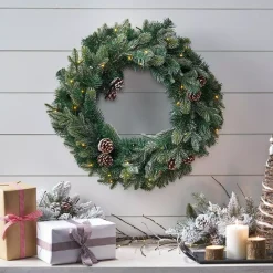 Noble House 24 In. Green Battery Operated Pre-Lit Warm White LED Mixed Spruce Artificial Christmas Wreath With Pine Cones -Alpine Corporation Shop noble house christmas wreaths 83822 31 1000