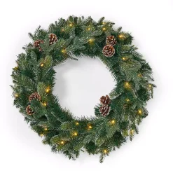Noble House 24 In. Green Battery Operated Pre-Lit Warm White LED Mixed Spruce Artificial Christmas Wreath With Pine Cones