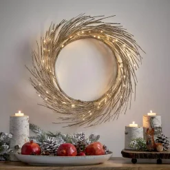 Noble House 24 In. Champagne Glitter Battery Operated Pre-Lit Warm White LED Artificial Christmas Wreath -Alpine Corporation Shop noble house christmas wreaths 83945 31 1000