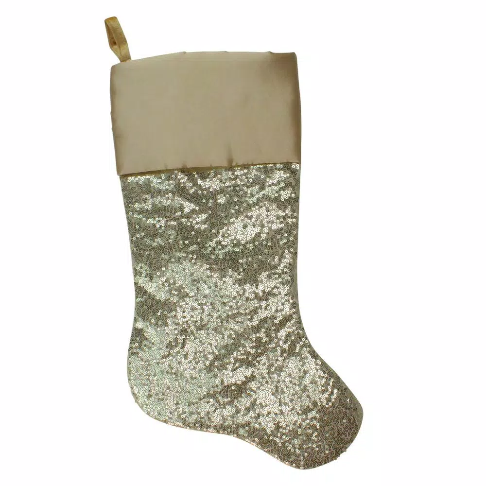 Northlight 22 In. Golden Metallic Sequined Polyester Christmas Stocking With Satin Cuff 3 Northlight 22 In. Golden Metallic Sequined Polyester Christmas Stocking With Satin Cuff