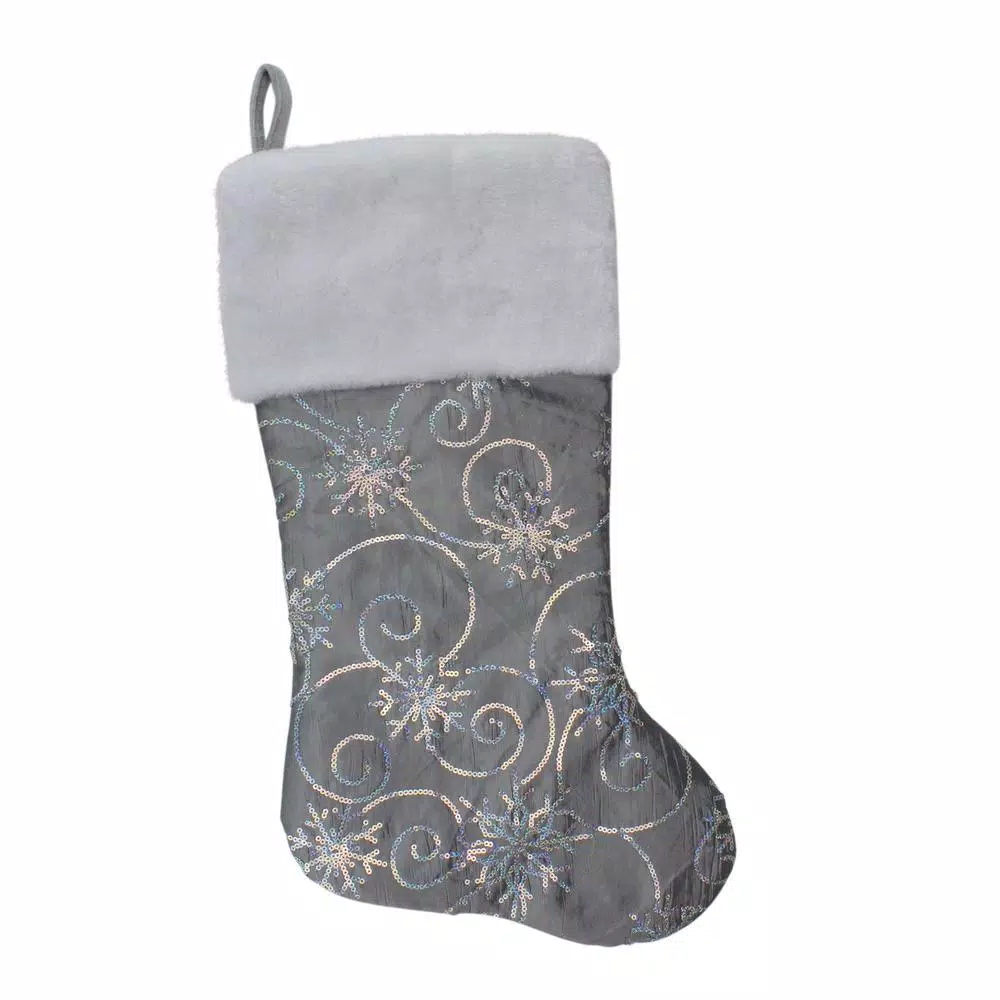 Northlight 22 In. Silver Metallic Sequined Polyester Christmas Stocking With Faux Fur Cuff 3 Northlight 22 In. Silver Metallic Sequined Polyester Christmas Stocking With Faux Fur Cuff