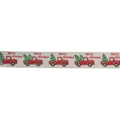 Northlight 2.5 In. X 16 Yds. Red Trucks And Christmas Tree Wired Craft Beige Ribbon