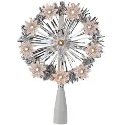 Northlight 7 In. Silver Tinsel Snowflake Starburst Christmas Tree Topper – Clear Lights