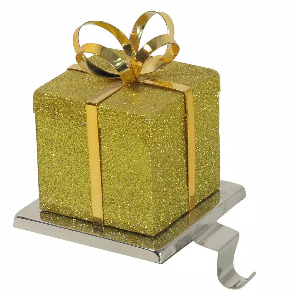 Northlight 6 In. Gold Glittered Gift Box Shaped Christmas Stocking Holder 3 Northlight 6 In. Gold Glittered Gift Box Shaped Christmas Stocking Holder