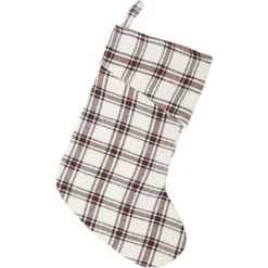VHC Brands 15 In. 100% Cotton Amory Ivory White Farmhouse Christmas Decor Plaid Stocking