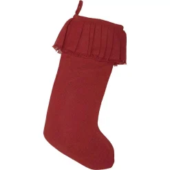 VHC Brands 20 In. Cotton Red Festive Burlap Farmhouse Christmas Decor Ruffled Stocking