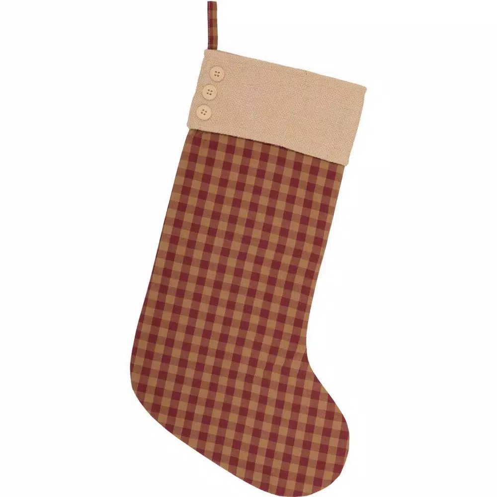 VHC Brands 20 In. Cotton/Jute Burgundy Check Red Primitive Christmas Decor Button Stocking 3 VHC Brands 20 In. Cotton/Jute Burgundy Check Red Primitive Christmas Decor Button Stocking