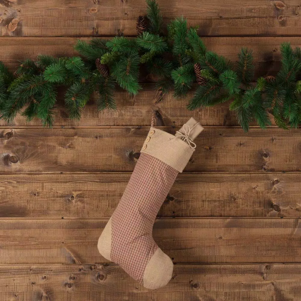 VHC Brands 20 In. Cotton/Jute Clement Deep Red Rustic Christmas Decor Plaid Stocking 5 VHC Brands 20 In. Cotton/Jute Clement Deep Red Rustic Christmas Decor Plaid Stocking - Image 3