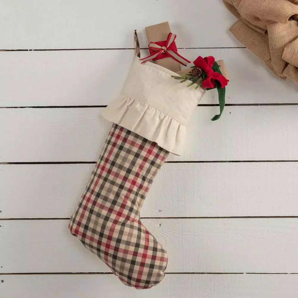 VHC Brands 20 In. Hollis Ivory White Farmhouse Christmas Decor Plaid Stocking 5 VHC Brands 20 In. Hollis Ivory White Farmhouse Christmas Decor Plaid Stocking - Image 3