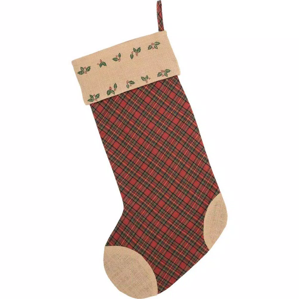 VHC Brands 20 In. Cotton/Jute Jute Burlap Poinsettia Brick Red Rustic Christmas Decor Stocking 4 VHC Brands 20 In. Cotton/Jute Jute Burlap Poinsettia Brick Red Rustic Christmas Decor Stocking - Image 2