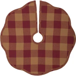 VHC Brands 21 In. Burgundy Check Red Primitive Christmas Decor Scalloped Tree Skirt