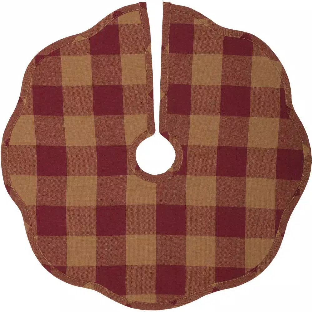 VHC Brands 21 In. Burgundy Check Red Primitive Christmas Decor Scalloped Tree Skirt 3 VHC Brands 21 In. Burgundy Check Red Primitive Christmas Decor Scalloped Tree Skirt