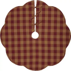 VHC Brands 48 In. Burgundy Check Red Primitive Christmas Decor Scalloped Tree Skirt