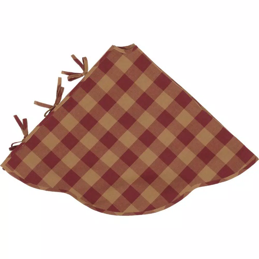 VHC Brands 55 In. Burgundy Check Red Primitive Christmas Decor Scalloped Tree Skirt 5 VHC Brands 55 In. Burgundy Check Red Primitive Christmas Decor Scalloped Tree Skirt - Image 3
