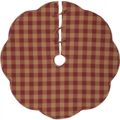 VHC Brands 55 In. Burgundy Check Red Primitive Christmas Decor Scalloped Tree Skirt