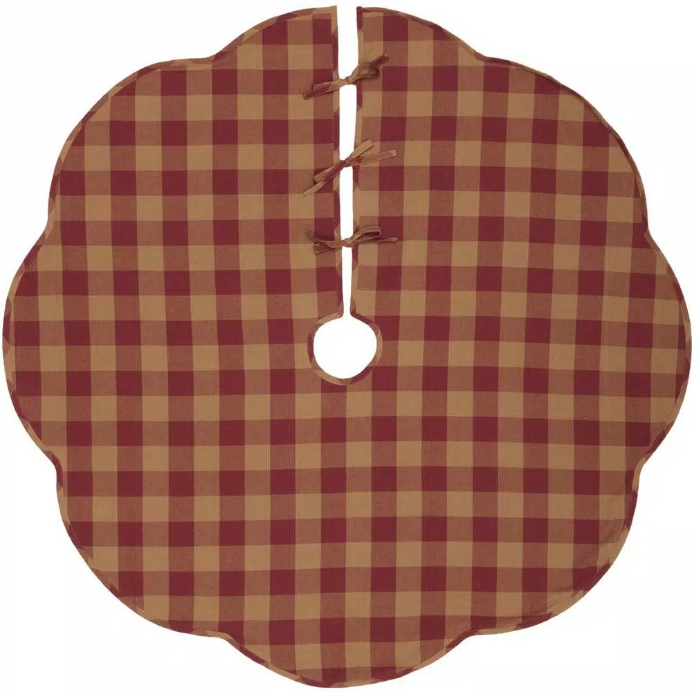 VHC Brands 55 In. Burgundy Check Red Primitive Christmas Decor Scalloped Tree Skirt 3 VHC Brands 55 In. Burgundy Check Red Primitive Christmas Decor Scalloped Tree Skirt