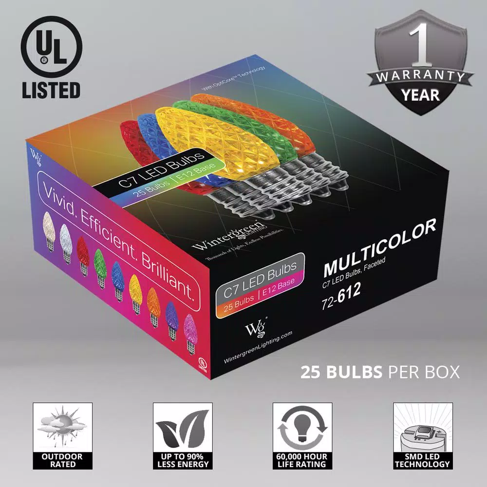 Wintergreen Lighting OptiCore C7 LED Multi-Color Faceted Christmas Light Bulbs (25-Pack) 4 Wintergreen Lighting OptiCore C7 LED Multi-Color Faceted Christmas Light Bulbs (25-Pack) - Image 2
