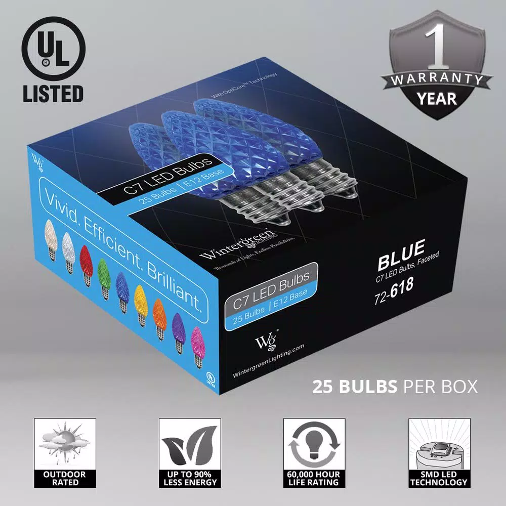 Wintergreen Lighting OptiCore C7 LED Blue Faceted Christmas Light Bulbs (25-Pack) 4 Wintergreen Lighting OptiCore C7 LED Blue Faceted Christmas Light Bulbs (25-Pack) - Image 2