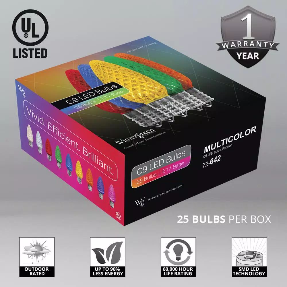 Wintergreen Lighting OptiCore C9 LED Multi-Color Faceted Christmas Light Bulbs (25-Pack) 3 Wintergreen Lighting OptiCore C9 LED Multi-Color Faceted Christmas Light Bulbs (25-Pack) - Image 2