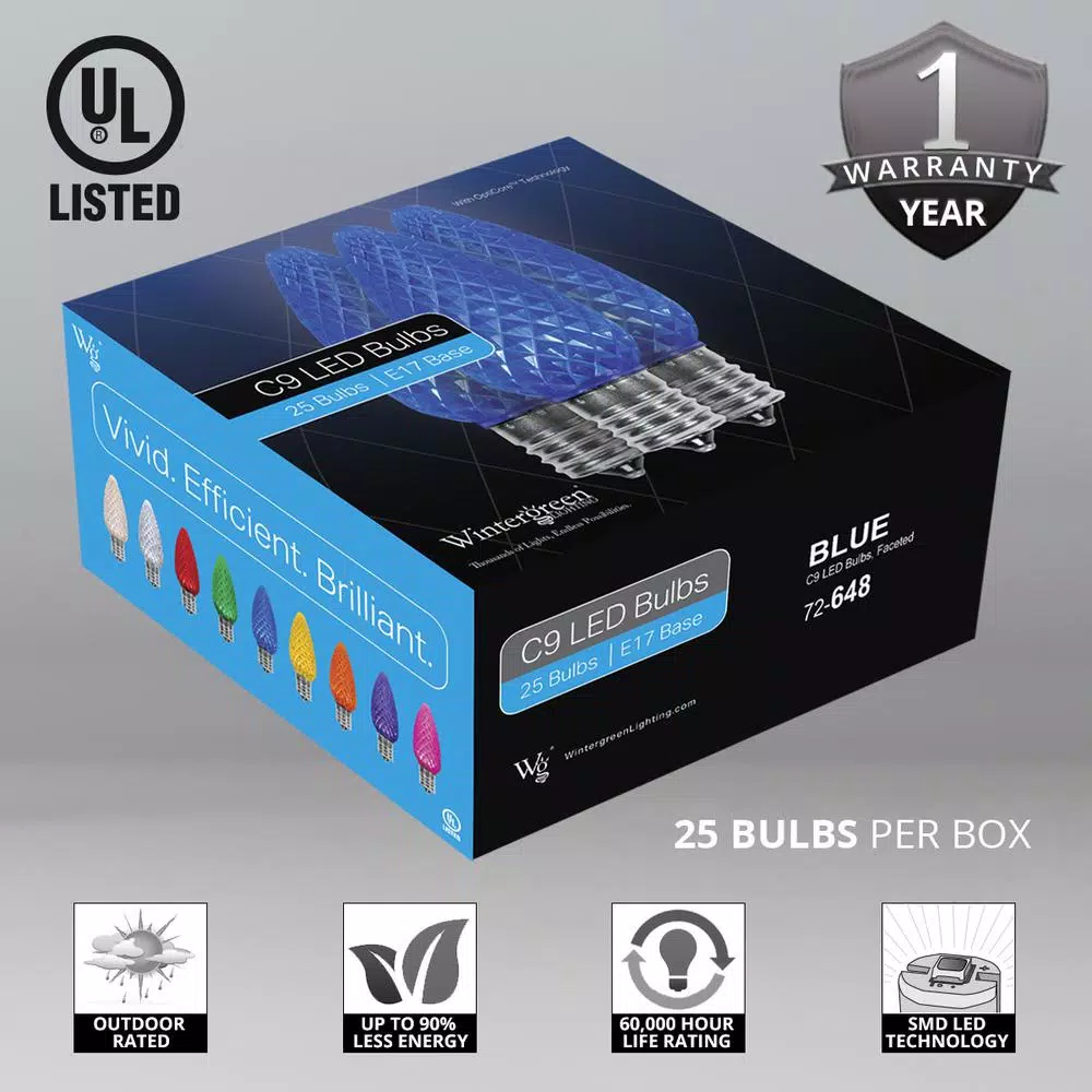Wintergreen Lighting OptiCore C9 LED Blue Faceted Christmas Light Bulbs (25-Pack) 4 Wintergreen Lighting OptiCore C9 LED Blue Faceted Christmas Light Bulbs (25-Pack) - Image 2