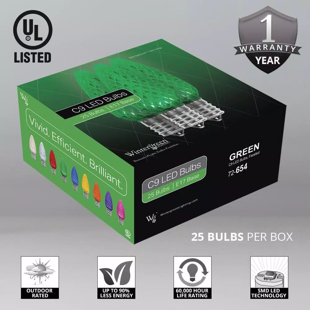 Wintergreen Lighting OptiCore C9 LED Green Faceted Christmas Light Bulbs (25-Pack) 4 Wintergreen Lighting OptiCore C9 LED Green Faceted Christmas Light Bulbs (25-Pack) - Image 2